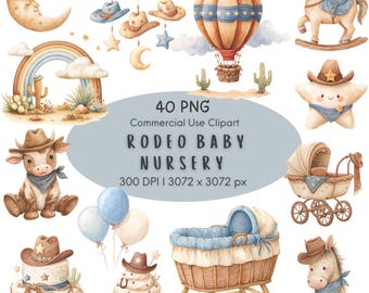 May include: Watercolor illustrations of a Rodeo Baby Nursery theme. Includes a hot air balloon, rocking horse, star, cow, horse, and other baby-themed items, all with cowboy hats. The image also includes the text "RODEO BABY NURSERY".