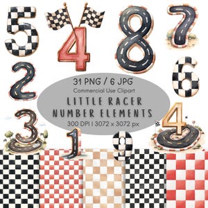 May include: Watercolor clipart set featuring racing-themed numbers 1-9, with checkered flag and road designs. The numbers are in various styles, including checkered patterns and road-like textures. The text "LITTLE RACER NUMBER ELEMENTS" is also included.