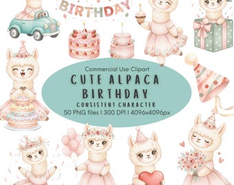May include: Watercolor clipart set featuring cute alpacas celebrating a birthday. The alpacas are dressed in pink dresses and party hats, holding gifts, cakes, and balloons. The image includes the text "HAPPY BIRTHDAY" and "CUTE ALPACA BIRTHDAY".