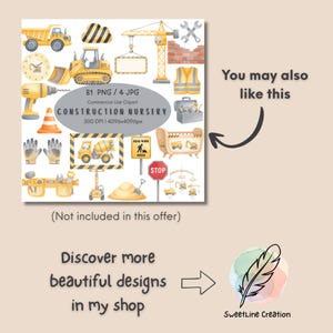 May include: Watercolor clipart set featuring construction-themed illustrations. Includes a yellow dump truck, excavator, crane, and other construction tools. The text "CONSTRUCTION NURSERY" is displayed. The image is a digital download.