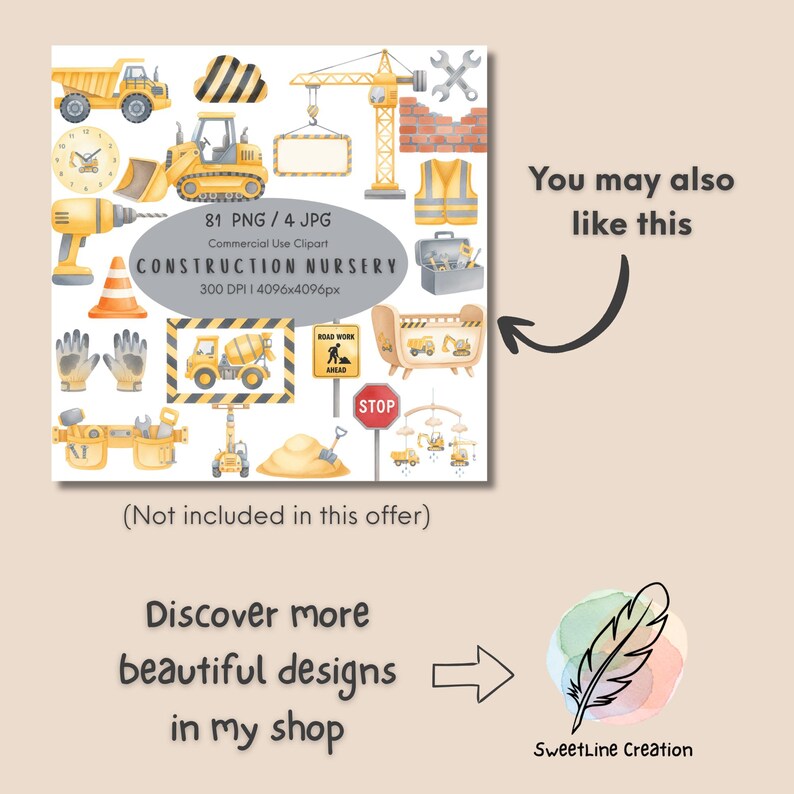 May include: Watercolor clipart set featuring construction-themed illustrations. Includes a yellow dump truck, excavator, crane, and other construction tools. The text "CONSTRUCTION NURSERY" is displayed. The image is a digital download.
