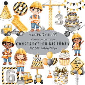 May include: A collection of construction-themed birthday party graphics. Includes illustrations of a dump truck, crane, cake, cupcake, balloons, and construction workers. The text reads "CONSTRUCTION BIRTHDAY" and "HAPPY BIRTHDAY AHEAD".