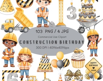 May include: A collection of construction-themed birthday party graphics. Includes illustrations of a dump truck, crane, cake, cupcake, balloons, and construction workers. The text reads "CONSTRUCTION BIRTHDAY" and "HAPPY BIRTHDAY AHEAD".