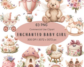 May include: A digital collection of 63 PNG clipart images featuring a crescent moon, hot air balloon, teddy bear with wings, floral bouquet, baby carriage, rocking horse, cake, mushroom house, bassinet, gift box, cupcake, rainbow, and baby shoes.