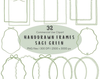 Hand Drawn Sage Green Frames Clipart, 32 Boho Vintage Oval Borders PNG
