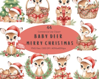 May include: A collection of digital illustrations featuring baby deer wearing red Santa hats, depicted with Christmas trees, woven baskets, gift boxes, and pine wreaths. The central text reads 44 Commercial Use Clipart BABY DEER MERRY CHRISTMAS.