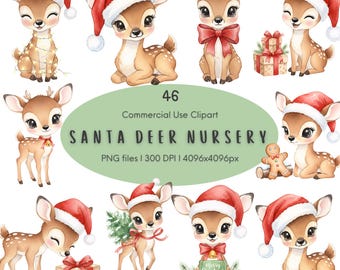 May include: A digital collection of 46 Santa deer nursery clipart illustrations featuring fawns in red Santa hats, some with Christmas gifts, gingerbread cookies, pine branches, and string lights, presented as PNG files with 300 DPI resolution.