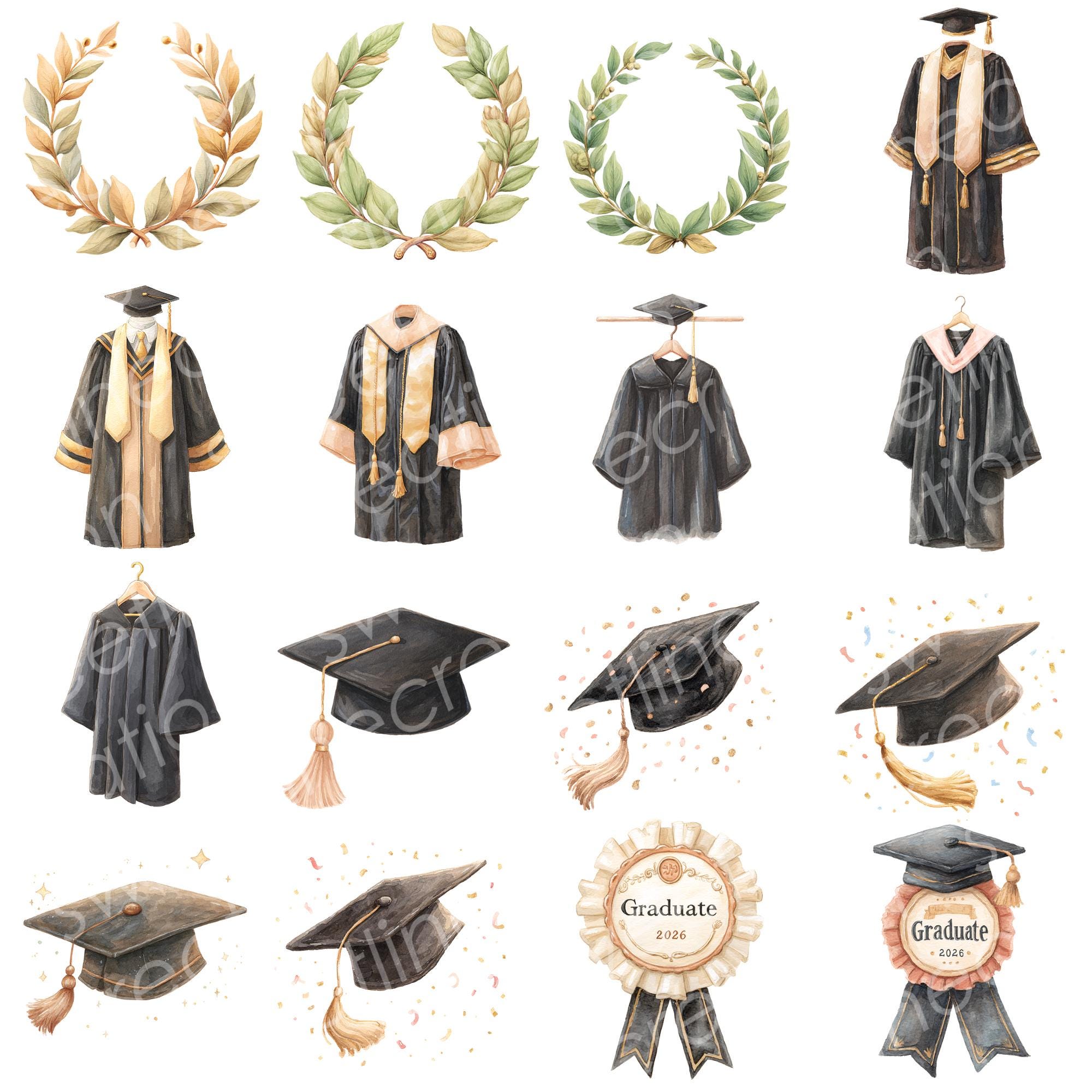 Graduation Clipart PNG, Class of 2026 Watercolor Grad Bundle ...