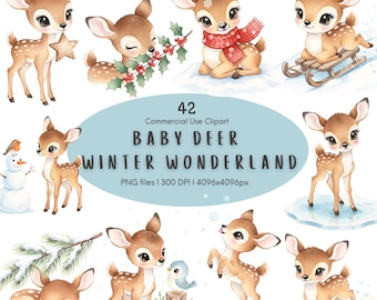 Baby Deer Winter Clipart, Watercolor Woodland Nursery PNG, Winter Wonderland, Christmas Deer, Snow Animals, Commercial Use