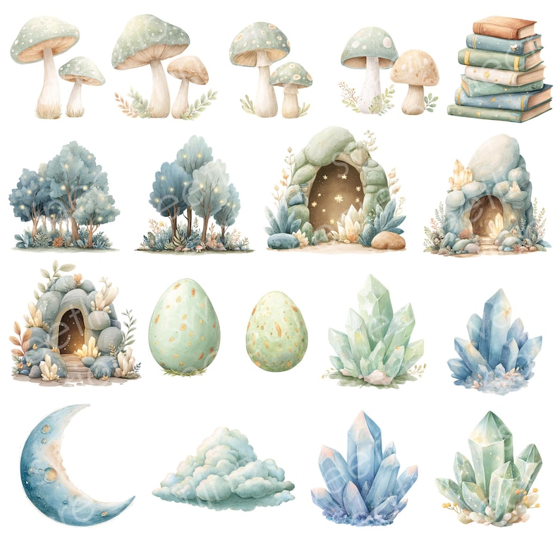May include: Watercolor illustrations of whimsical elements, including mushrooms, trees, fairy houses, eggs, crystals, a crescent moon, and a cloud. The color palette features soft blues, greens, and beige tones, creating a dreamy, fantasy theme.
