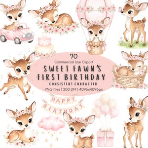 Girl First Birthday Clipart PNG, Baby Deer Watercolor Fawn Party Decor, Cute Deer Floral Birthday Bundle, Commercial Use Digital Download