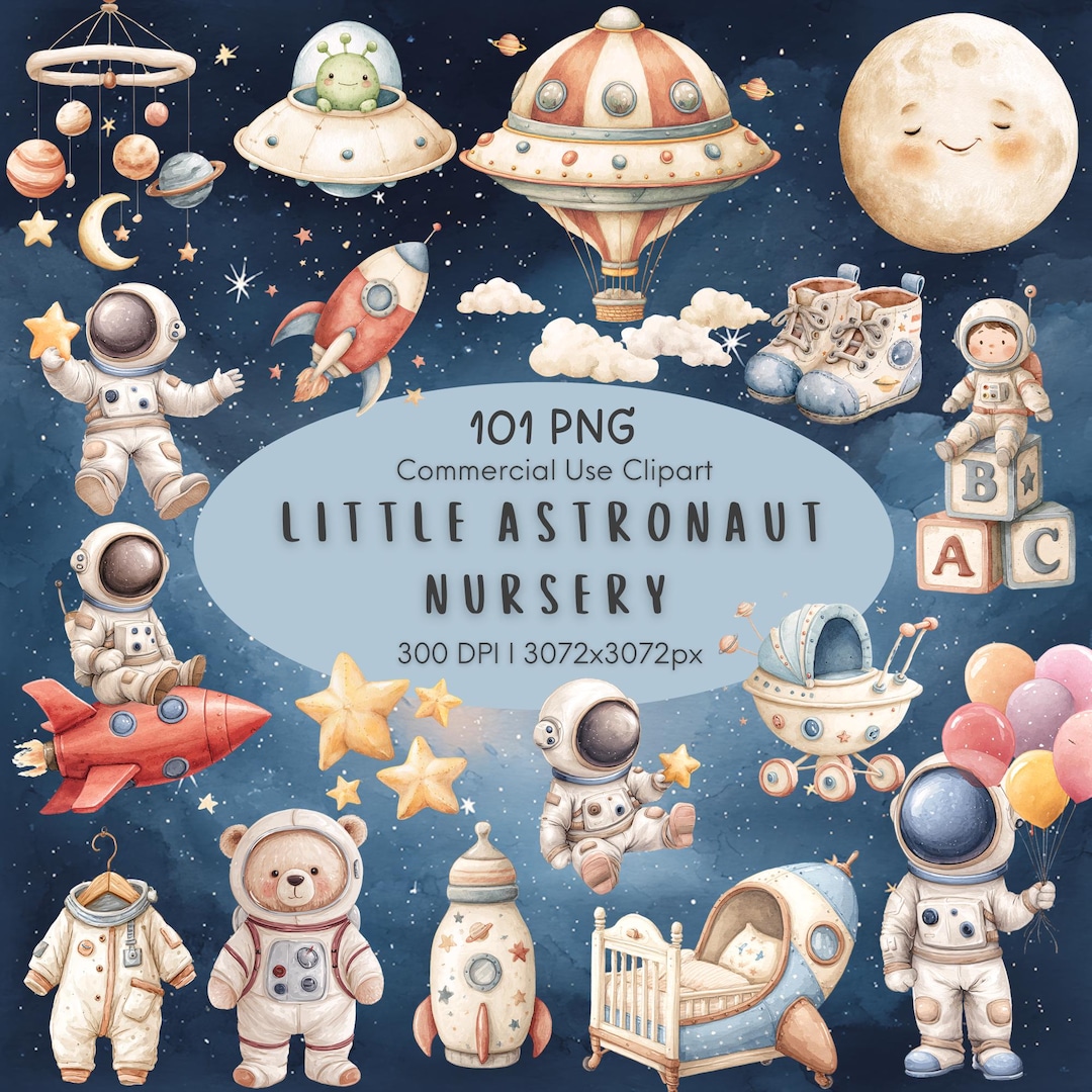 Watercolor Astronaut Baby Clipart Bundle, Space Nursery Decor PNG - Etsy
