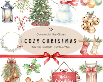May include: A collection of watercolor Christmas clipart featuring a decorated tree, snowman, lantern, mistletoe, candy canes, ornaments, bells, stockings, gingerbread, a sled, and a sign with the text 48 Commercial Use Clipart COZY CHRISTMAS.