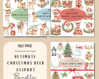 May include: A digital collection of 180 Christmas-themed clipart files featuring watercolor illustrations of baby deer wearing Santa hats, Christmas trees, snowmen, ornaments, bells, stockings, and gingerbread cookies with text labels throughout.