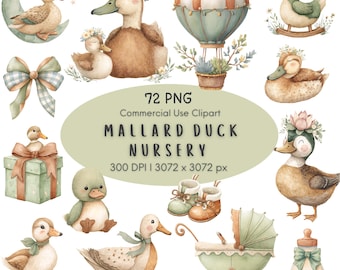 May include: Watercolor clipart set featuring various mallard duck illustrations, including ducks on a crescent moon, a rocking duck, and a hot air balloon. The set also includes a baby carriage, baby shoes, and a baby bottle. The text reads "Mallard Duck Nursery".