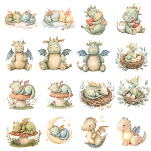 May include: Watercolor illustrations of various baby dragons in soft pastel colors. Dragons are depicted sleeping on clouds, mushrooms, and in nests. Some dragons are holding hearts or sitting on moons. The overall theme is whimsical and cute.