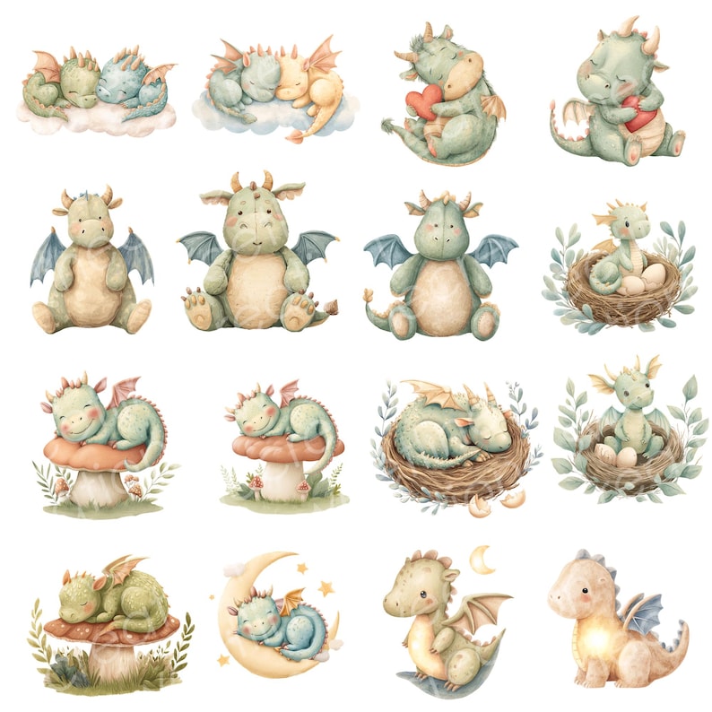 May include: Watercolor illustrations of various baby dragons in soft pastel colors. Dragons are depicted sleeping on clouds, mushrooms, and in nests. Some dragons are holding hearts or sitting on moons. The overall theme is whimsical and cute.