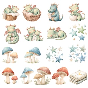 May include: Watercolor illustrations of baby dragons, mushrooms, and stars in soft pastel colors. Dragons are shown in various poses, including sleeping, cuddling, and in a basket. Mushrooms have blue, red, and brown caps. Stars are in shades of blue and green.