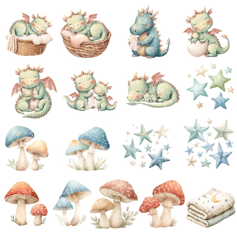 May include: Watercolor illustrations of baby dragons, mushrooms, and stars in soft pastel colors. Dragons are shown in various poses, including sleeping, cuddling, and in a basket. Mushrooms have blue, red, and brown caps. Stars are in shades of blue and green.