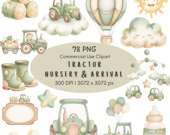 May include: Watercolor clipart set featuring tractors, a hot air balloon, clouds, a sun, and other nursery-themed elements. The text on the image reads "TRACTOR NURSERY & ARRIVAL". The color palette includes shades of green, beige, and yellow.