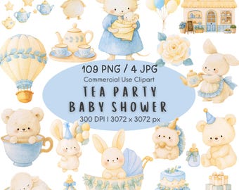 May include: A collection of watercolor illustrations featuring baby animals, a tea set, a hot air balloon, a house, and party items. Text reads: 109 PNG / 4 JPG Commercial Use Clipart TEA PARTY BABY SHOWER 300 DPI | 3072 x 3072 px. Soft blue and yellow tones.