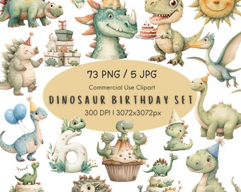 Watercolor Dinosaur Birthday Clipart Bundle, Baby Dino Party Decor, Seamless Patterns (Commercial Use)