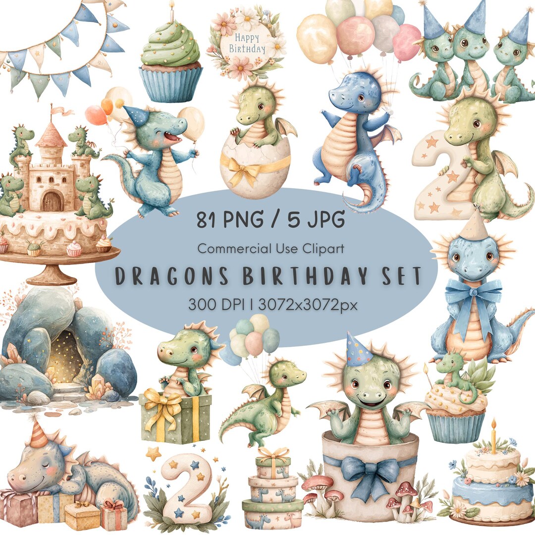 Watercolor Baby Dragons Clipart Bundle – Fantasy Birthday Party PNG Set ...
