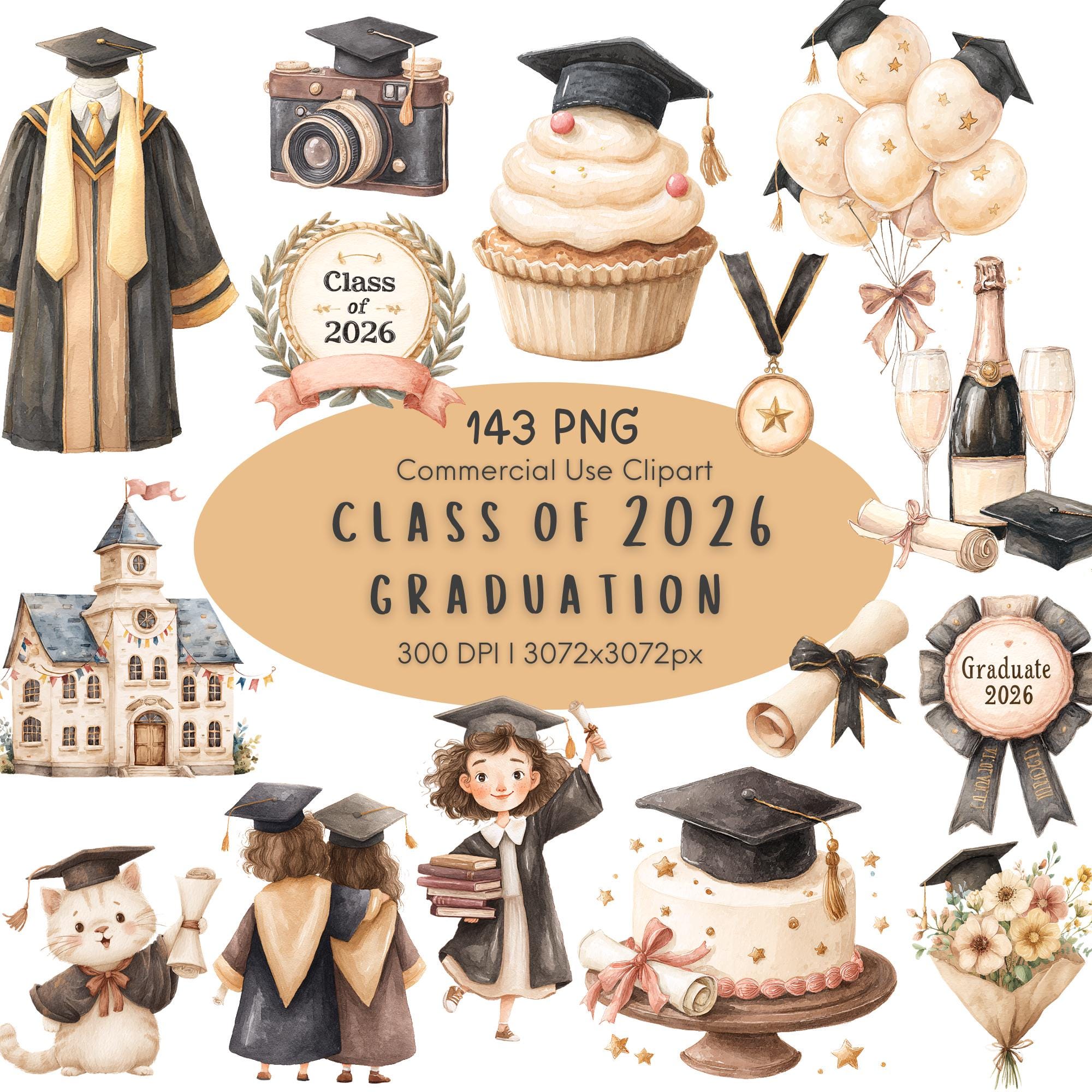 Graduation Clipart PNG, Class of 2026 Watercolor Grad Bundle ...