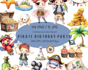 Puede incluir: Una colección de ilustraciones con temática pirata, que incluye piratas de dibujos animados, cofres del tesoro, un tiburón y un mapa. La imagen incluye el texto "PIRATE BIRTHDAY PARTY" y "114 PNG / 5 JPG". Las ilustraciones son coloridas y adecuadas para decoraciones de fiestas infantiles.