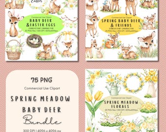May include: A collection of digital clipart featuring baby deer, Easter eggs, and floral arrangements. The images include watercolor illustrations of deer with floral crowns, Easter eggs, and spring flowers. The text includes "Baby Deer & Easter Eggs" and "Spring Meadow Florals".
