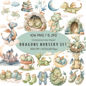 Dragon Clipart PNG, Baby Dragon Nursery Watercolor Fantasy, Baby Shower Birthday Bundle, Commercial Use Digital Download