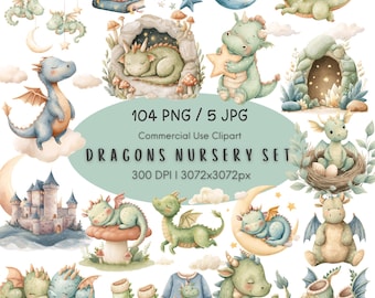 Dragon Clipart PNG, Baby Dragon Nursery Watercolor Fantasy, Baby Shower Birthday Bundle, Commercial Use Digital Download
