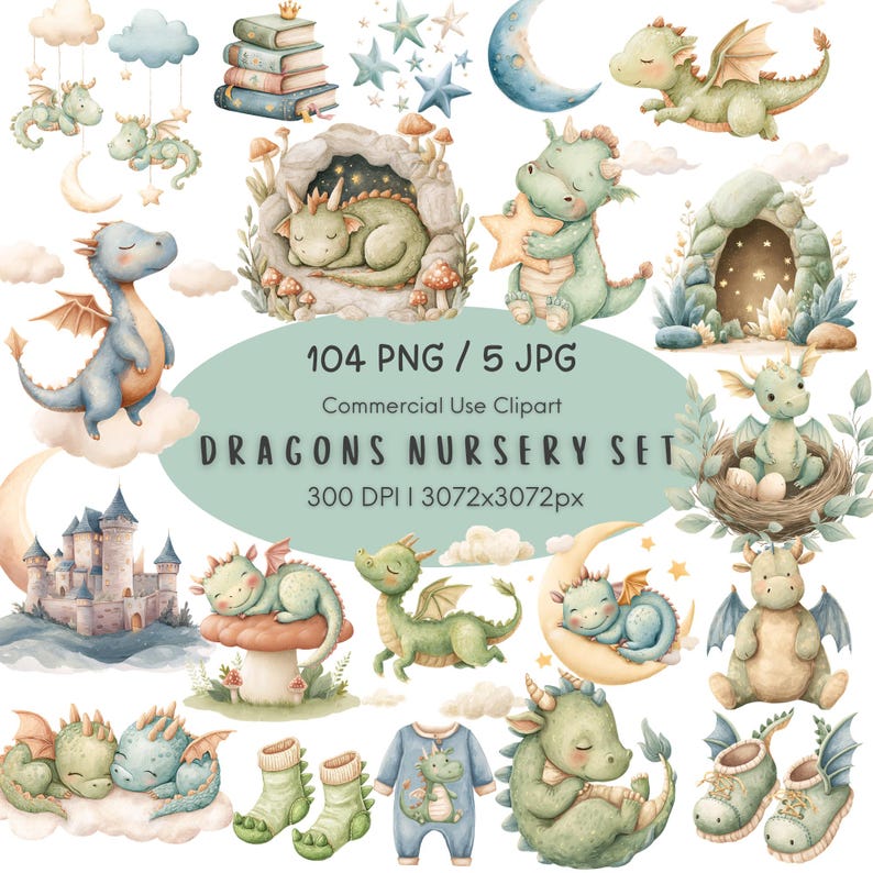 Dragon Clipart PNG, Baby Dragon Nursery Watercolor Fantasy, Baby Shower Birthday Bundle, Commercial Use Digital Download image 1