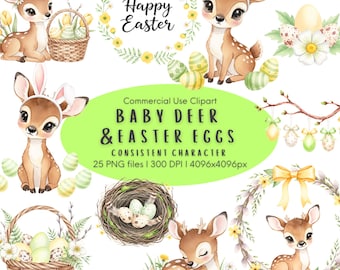 May include: A collection of watercolor illustrations featuring baby deer and Easter eggs. The images include deer with floral crowns and bunny ears, Easter baskets, and wreaths with the text "Happy Easter". The text "Baby Deer & Easter Eggs" is also present.