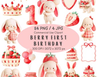 May include: A digital collection of watercolor illustrations featuring bunnies, strawberries, and birthday elements. Text reads: 84 PNG / 4 JPG, Commercial Use Clipart, BERRY FIRST BIRTHDAY, 300 DPI | 3072 x 3072 px. Includes crowns, balloons, and baskets.