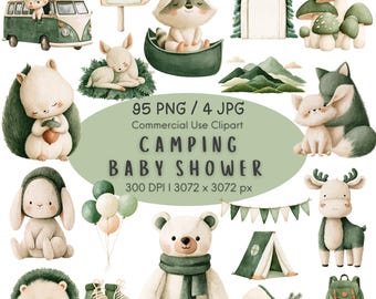 May include: A digital collection of watercolor camping-themed illustrations featuring animals, a van, tents, and mountains. Text reads: 95 PNG / 4 JPG, Commercial Use Clipart, CAMPING BABY SHOWER, 300 DPI | 3072 x 3072 px. Includes bears, deer, and foxes.