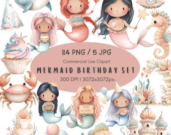 Può includere: Un set di illustrazioni digitali con sirene, una balena, un cavalluccio marino, un granchio ed elementi a tema compleanno. L'immagine include il testo "MERMAID BIRTHDAY SET" e "HAPPY BIRTHDAY". La tavolozza dei colori comprende rosa, blu e verdi pastello.