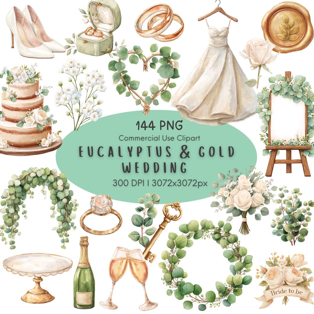 Eucalyptus Gold Wedding Clipart Bundle, Watercolor Floral Graphics (144 ...