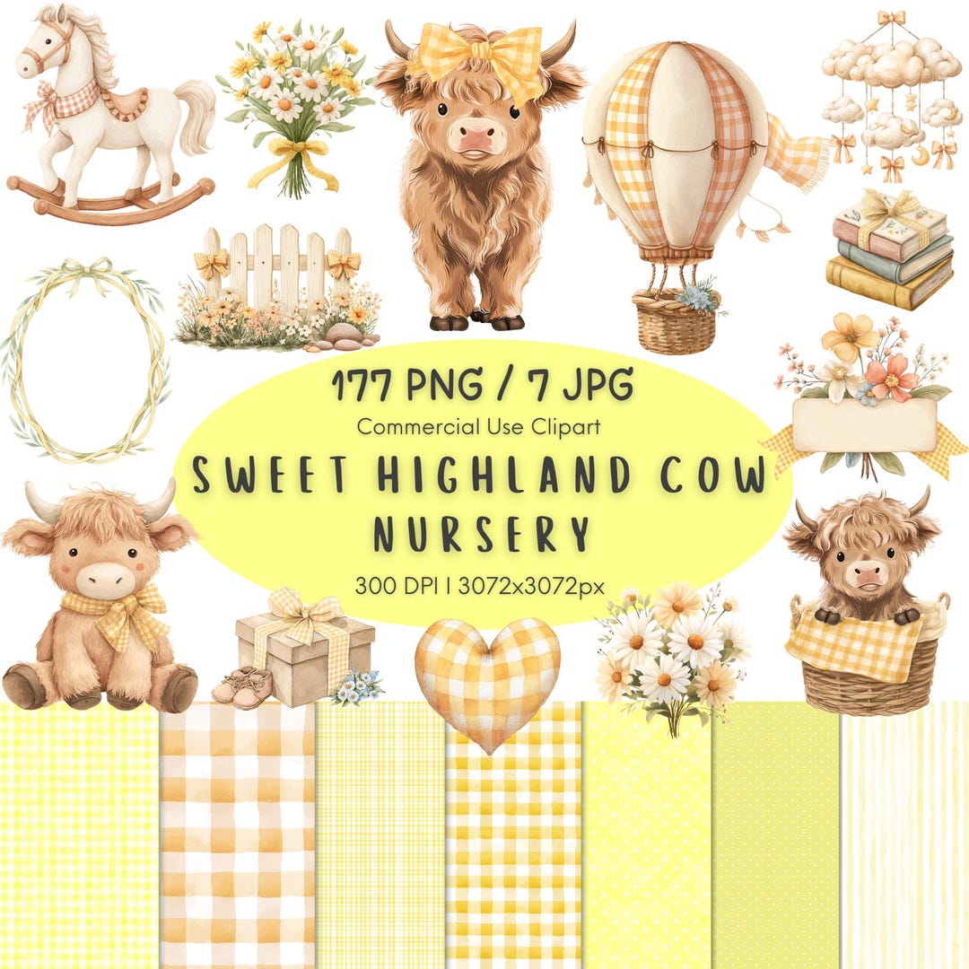 Highland Cow Watercolor Clipart Bundle, Boho Farm Baby Shower PNG ...