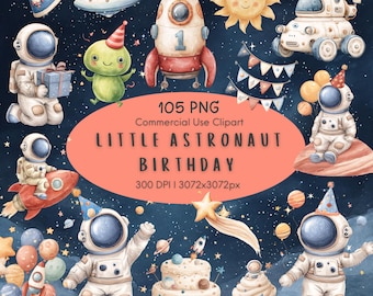 May include: Watercolor illustrations of a space-themed birthday party. The image includes astronauts, rockets, planets, a sun, and a cake. Text on the image reads "Little Astronaut Birthday". The overall color scheme is blue, red, and yellow.
