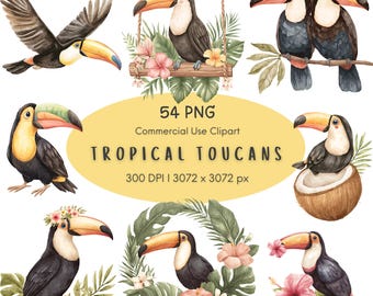 May include: A collection of watercolor toucan illustrations featuring birds in various poses, including flying, perched on branches, sitting in a coconut, and surrounded by tropical hibiscus flowers and green palm leaves, with text 54 PNG TROPICAL TOUCANS.