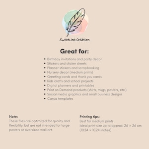 May include: A digital art graphic with the text "SweetLine Cr&eacute;ation" and a feather illustration. The image lists various uses, including birthday invitations, stickers, planner stickers, nursery decor, greeting cards, and digital planners.