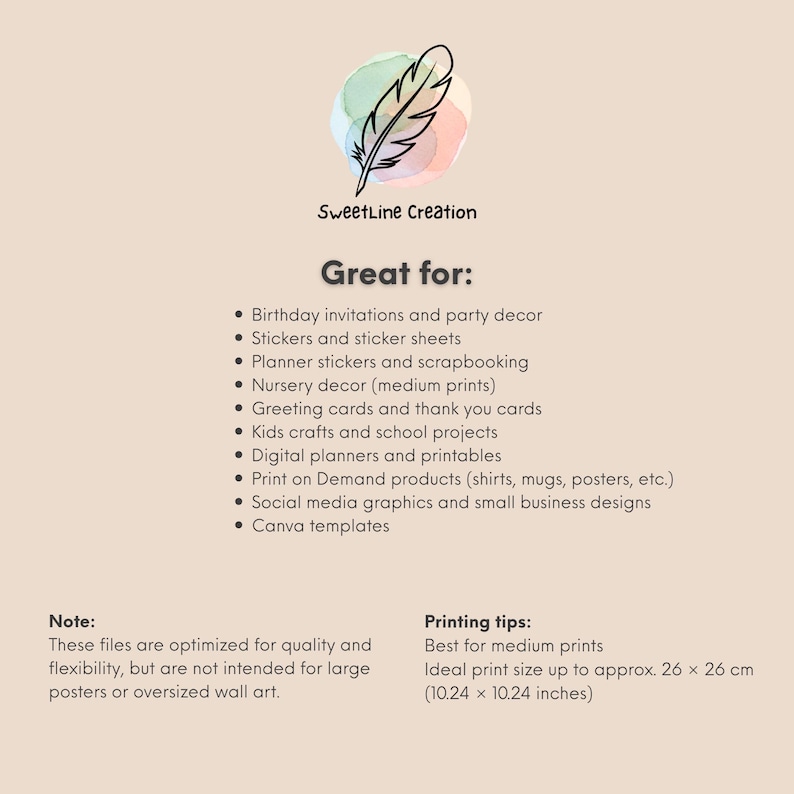 May include: A digital art graphic with the text "SweetLine Cr&eacute;ation" and a feather illustration. The image lists various uses, including birthday invitations, stickers, planner stickers, nursery decor, greeting cards, and digital planners.