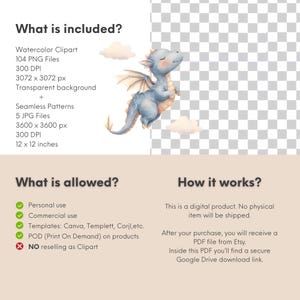 May include: Watercolor clipart featuring a light blue dragon with beige wings and a happy expression, floating near fluffy white clouds. The image includes details about the digital product, such as file types, dimensions, and usage rights.