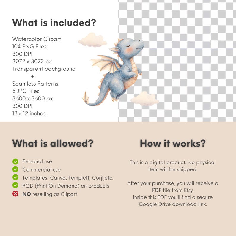 May include: Watercolor clipart featuring a light blue dragon with beige wings and a happy expression, floating near fluffy white clouds. The image includes details about the digital product, such as file types, dimensions, and usage rights.