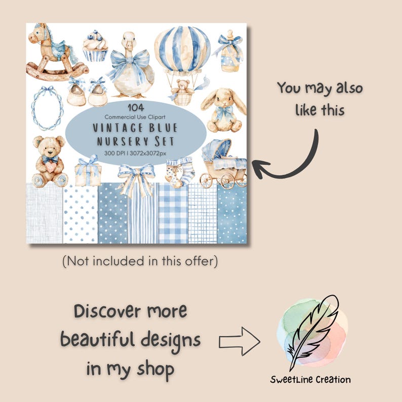 May include: A collection of watercolor illustrations and patterns in shades of blue, featuring a vintage nursery theme. Includes a rocking horse, teddy bear, hot air balloon, and various patterned papers. Text reads "VINTAGE BLUE NURSERY SET".