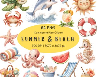 May include: A collection of watercolor summer and beach themed clipart featuring a sea turtle, dolphin, crab, starfish, octopus, seahorse, sun, lifebuoy, beach chair, beach ball, tote bag, bucket with shells, watermelon slice, and tropical drinks.