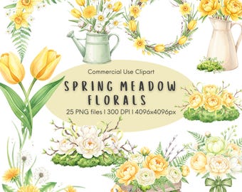 May include: Watercolor clipart featuring spring meadow florals. The image includes arrangements of yellow daffodils, tulips, and other flowers. A watering can, wreath, and wooden crate are also shown. The text "Spring Meadow Florals" is displayed.