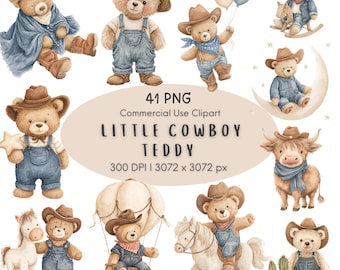 May include: A collection of watercolor illustrations featuring teddy bears dressed as cowboys. The bears wear cowboy hats, denim overalls, and boots. Some hold balloons, ride horses, or sit on a crescent moon. The text "LITTLE COWBOY TEDDY" is also present.