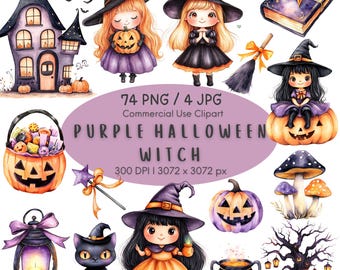May include: A digital clipart collection featuring watercolor illustrations of witches, a haunted house, jack-o'-lanterns, a black cat, a spellbook, a broom, a lantern, mushrooms, and a tree with hanging lights, labeled 74 PNG / 4 JPG PURPLE HALLOWEEN WITCH.